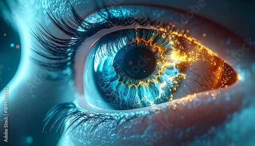 3D Medical Illustration of Human Eye with Cancer Cells and Disease Concept