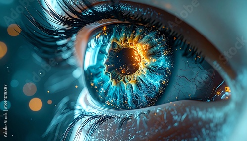 3D Medical Illustration of Human Eye with Cancer Cells and Disease Concept