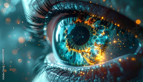 3D Medical Illustration of Human Eye with Cancer Cells and Disease Concept