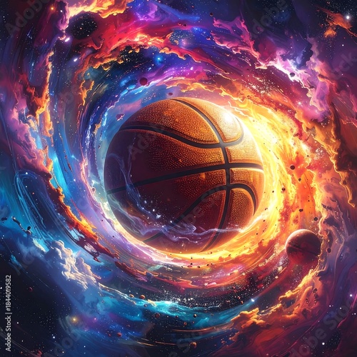 Basketball as a cosmic entity, floating in a vibrant nebula