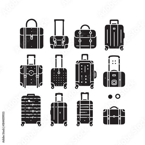 Black Suitcase Icons Pack – Travel Bag Vector Illustration