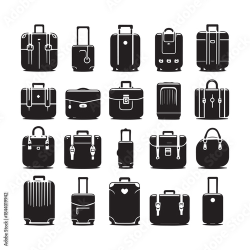Black Suitcase Icons Pack – Travel Bag Vector Illustration