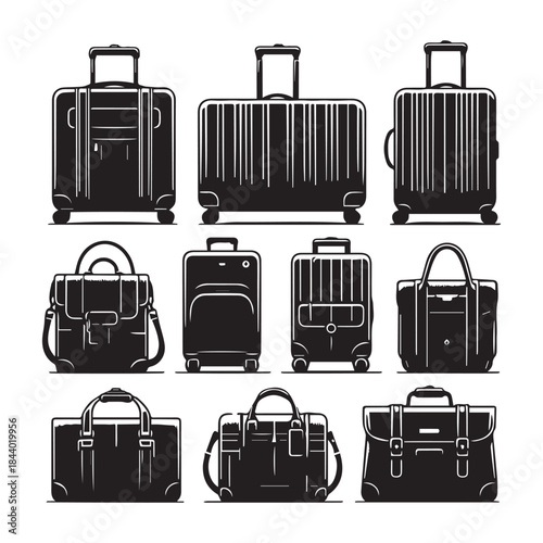 Black Suitcase Icons Pack – Travel Bag Vector Illustration