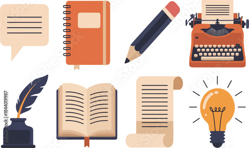 Writing & Creativity Icon Set – Books, Pens, Ideas