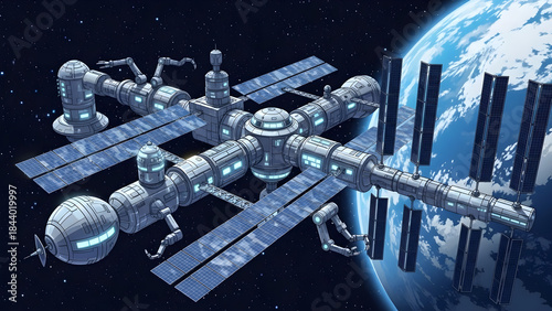 Fototapeta Naklejka Na Ścianę i Meble -  Detailed illustration of an advanced space station, with solar panels and robotic arms, orbiting a vibrant blue planet, symbolizing future cosmic exploration