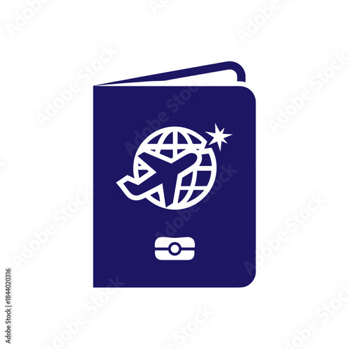 Blue international passport icon with airplane and globe symbol for travel.