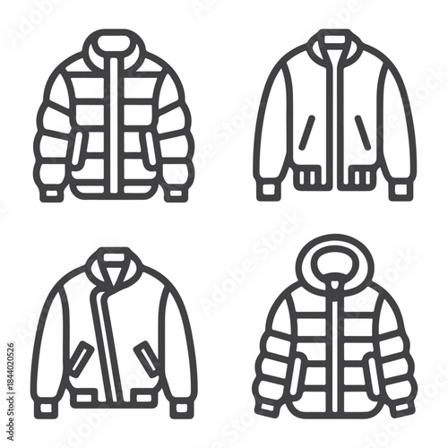 Outlined Cozy Jackets Icon Set, Winter Clothing Line Art