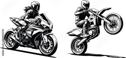 Motorcycle sport and stunt silhouette, racing rider, dirt bike wheelie, black vector illustration, dynamic motion, helmet gear, extreme speed, graphic style