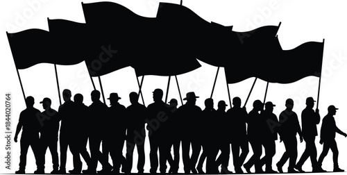 Protesters marching with flags silhouette, crowd demonstration and social movement concept, unity and activism scene, black vector illustration isolated on white background