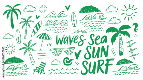Hand-drawn tropical beach and surf icon set with palm trees and waves, surfboards, and sun, perfect for summer design, t-shirts, posters, and coastal design. Vector and illustration set.