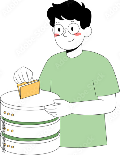 Man Organizing Data Folders on Stacked Servers, Database Management, Digital Storage Concept