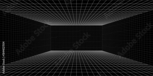 Room projection grid in futuristic 3d style. Outline futuristic grid background, room projection. Wireframe grid template in perspective view