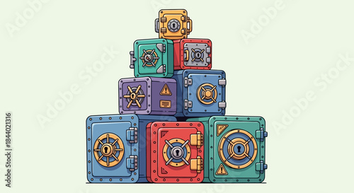 Stack of colorful secure safes with intricate locks and designs.