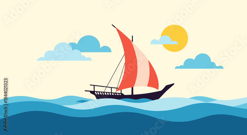 Traditional Dhow Boat Sailing on Ocean Waves.