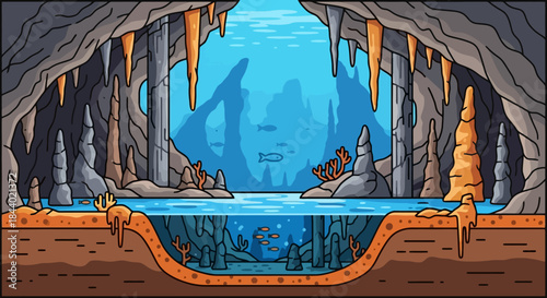 Underwater Cave with Stalactites and Stalagmites.