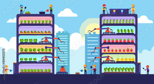 Urban Vertical Farming System with People Cultivating Plants in Multi-Story Buildings.