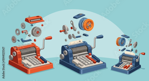 Vintage Mechanical Calculators Disassembled Exploded View Illustration.