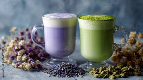 Wallpaper Mural Two viintimate apparelnt latte drinks in glass mugs with colorful layers, topped with frothy foam and matcha powder, accompanied by dried flowers and herbs on a rustic surface Torontodigital.ca