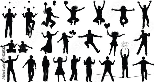 Silhouette of people in joyful motion, juggling, dancing, meditating, celebrating, unicycling, balloon holding, festive vector art, black graphic style
