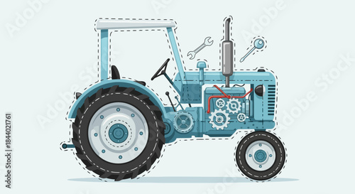 Blue Tractor with Visible Gears and Repair Tools.