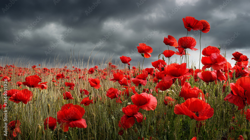 Obraz premium Vast field of viintimate apparelnt red poppies with textured petals and slender green stems under a cloudy, stormy sky creating a dramatic landscape scene