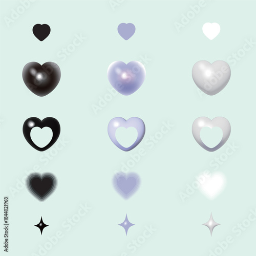 Y2Kスタイルの3D立体ハートとキラキラのベクターアイコンセット（黒・紫・白）