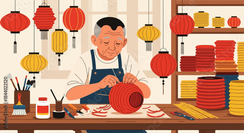 Elderly artisan meticulously crafting a traditional red lantern.