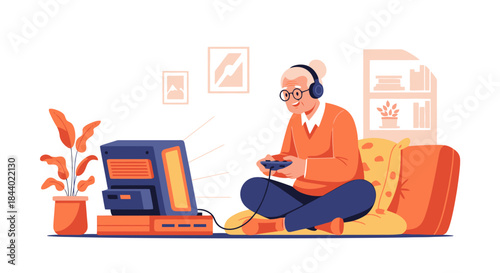 Elderly Man Enjoying Retro Video Games with Headphones.