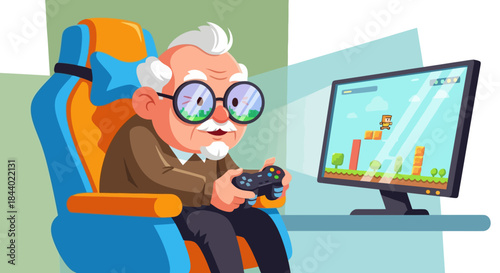 Elderly Man with Glasses Playing Video Games on Computer.
