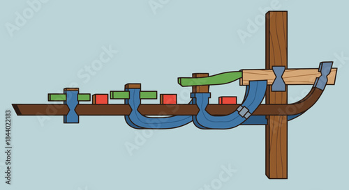 Intricate Wooden Mechanism with Blue and Green Components.