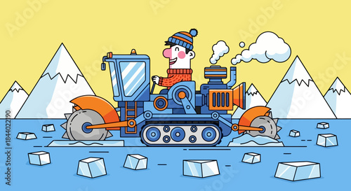 Man in winter hat driving a unique ice-breaking vehicle.