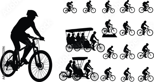 Silhouettes of people riding bicycles, mountain bike, tandem cycling, group activity, black vector illustration, motion, outdoor fun, graphic style