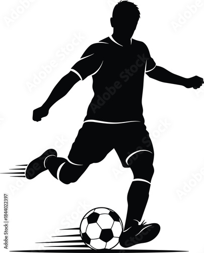 Soccer player kicking ball silhouette, dynamic football action pose, sports competition and athletic motion concept, black vector illustration isolated on white background