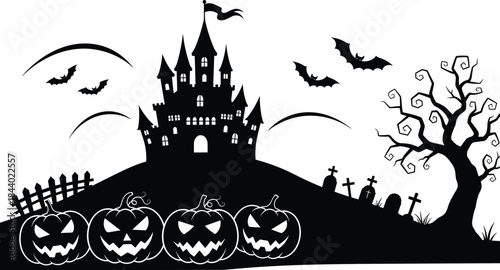 Spooky Halloween castle silhouette with pumpkins, bats, graveyard, haunted hill landscape, black and white vector illustration for horror holiday design