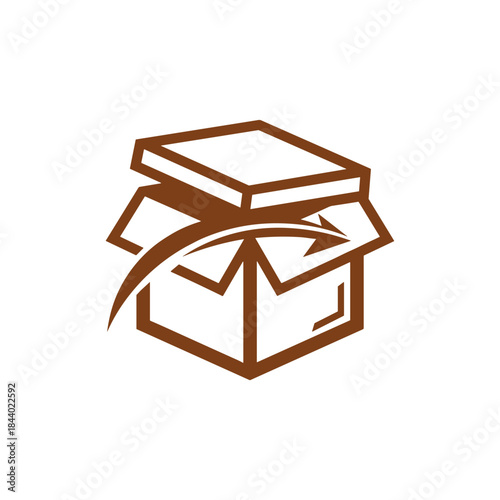 Brown outline icon of an open cardboard box with a book and an arrow.