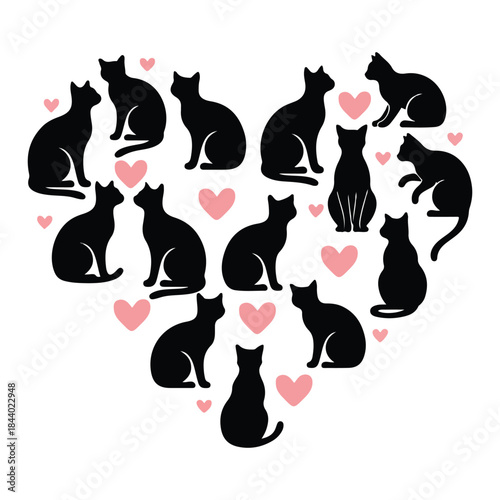 Cats forming heart shape silhouette illustration, romantic animal love concept, black cat figures vector design for Valentine, pet lovers and decoration
