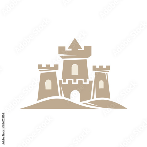 Castle illustration with three towers and a triangular roof on a hill.
