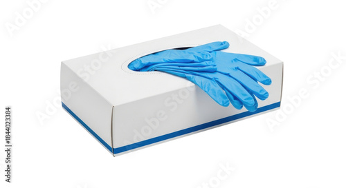 Blue latex surgical gloves peeking out of a white Med Line box image, Isolated On Png Transparent Background