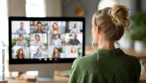 Wallpaper Mural Woman with blonde hair styled in an elegant updo attending a virtual meeting on a desktop computer with multiple participants displayed on the screen Torontodigital.ca