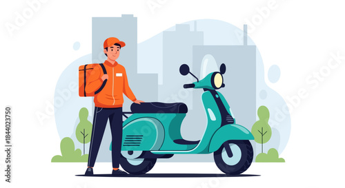 Delivery Man with Scooter Ready for Fast and Efficient Service.