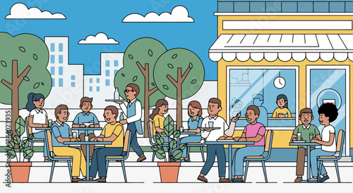 Diverse Group of People Enjoying Outdoor Cafe Seating.