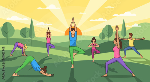 Diverse group of people practicing yoga outdoors in various poses.