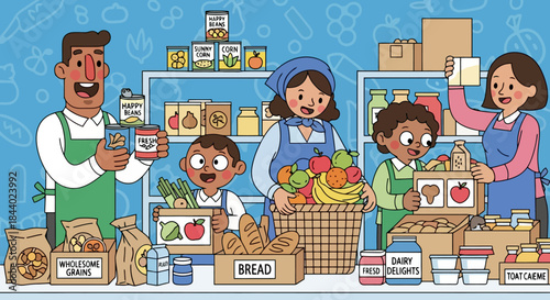 Diverse group of people volunteering at a food bank.