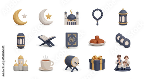 Vibrant 3D Rendered Icons for Islamic Holidays Featuring Ramadan, Eid al-Fitr, Mosque, Quran, and Traditional Symbols of Faith and Celebration