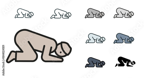 Diverse collection of graphic icons depicting a human figure in a prostration pose, representing prayer, worship, and spiritual devotion across various styles