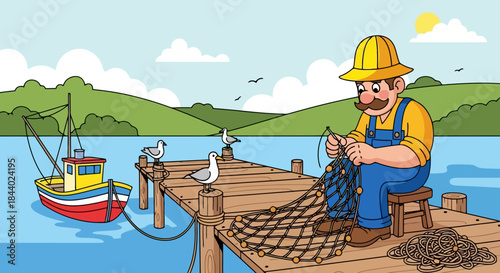 Fisherman repairing fishing net on wooden pier by the sea.