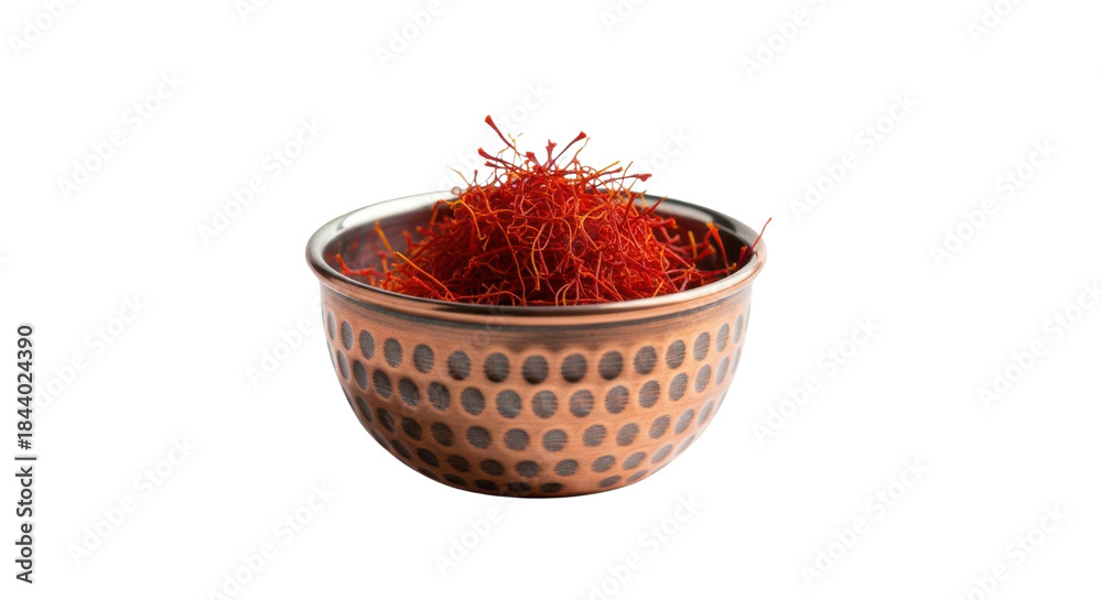 Fototapeta premium Red saffron threads piled high in a decorative copper bowl on black spice stigmas, Isolated On Png Transparent Background