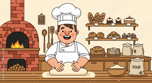 Happy male baker kneading dough with a big smile.