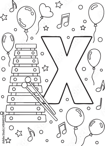 Coloring page: uppercase x for xylophone, festive balloons, musical notes, star confetti fun