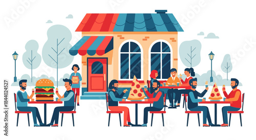 People enjoying food and drinks at an outdoor restaurant or cafe.